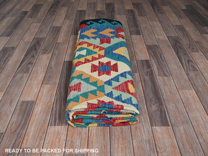 Blue 6'9" x 9'8" Flat Weave Hand woven Wool Rug - Sku: O01238