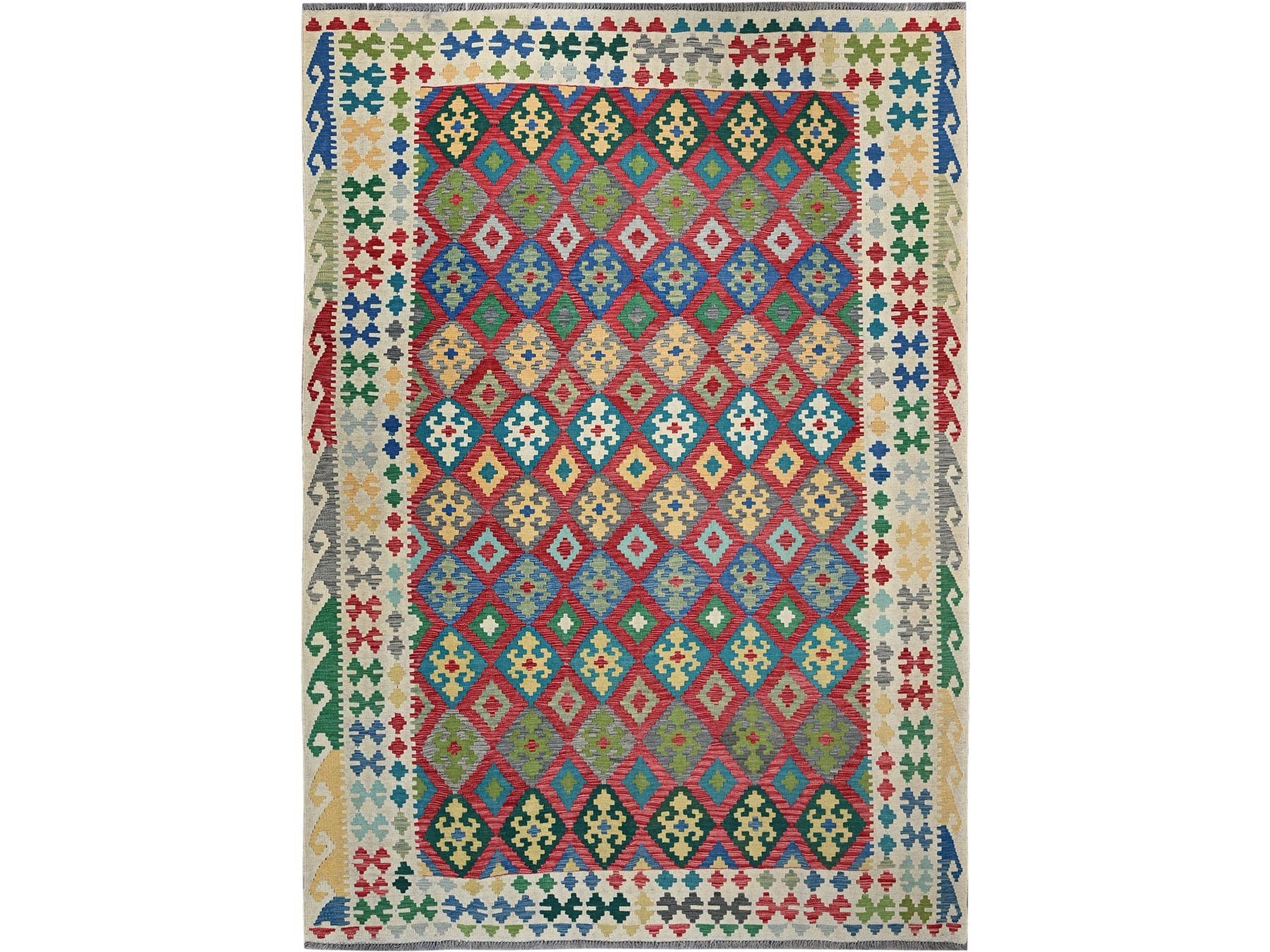 Kilim Flat-Weave hand-knotted wool rug in Red & Ivory, 6'11" x 9'10" — SKU O01241