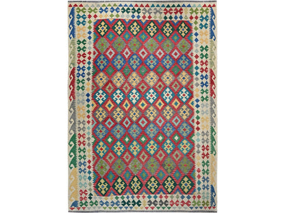 Kilim Flat-Weave hand-knotted wool rug in Red & Ivory, 6'11" x 9'10" — SKU O01241