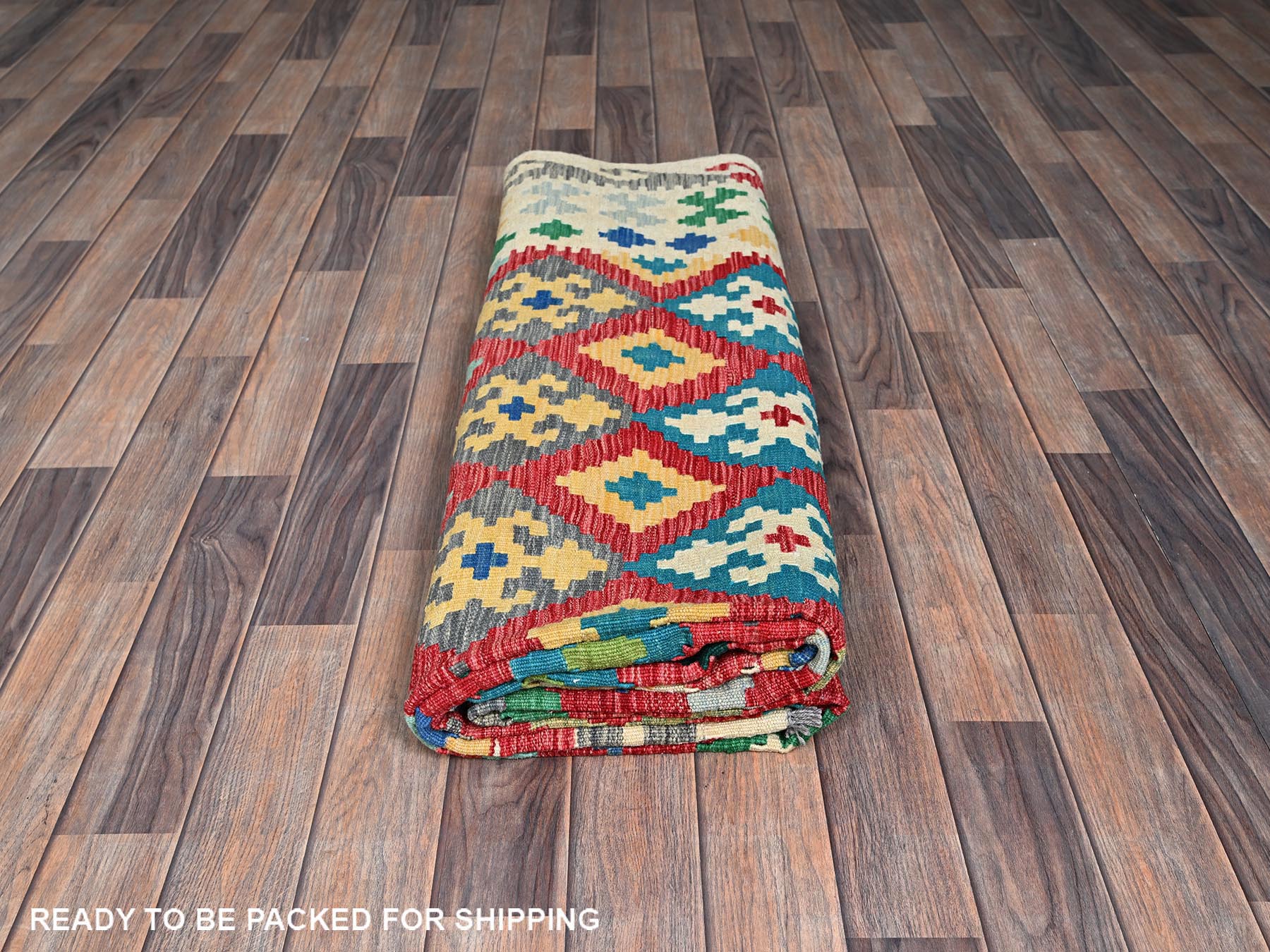 Kilim Flat-Weave hand-knotted wool rug in Red & Ivory, 6'11" x 9'10" — SKU O01241 (view 4)