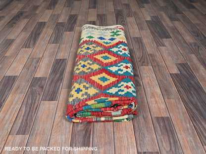 Kilim Flat-Weave hand-knotted wool rug in Red & Ivory, 6'11" x 9'10" — SKU O01241 (view 4)