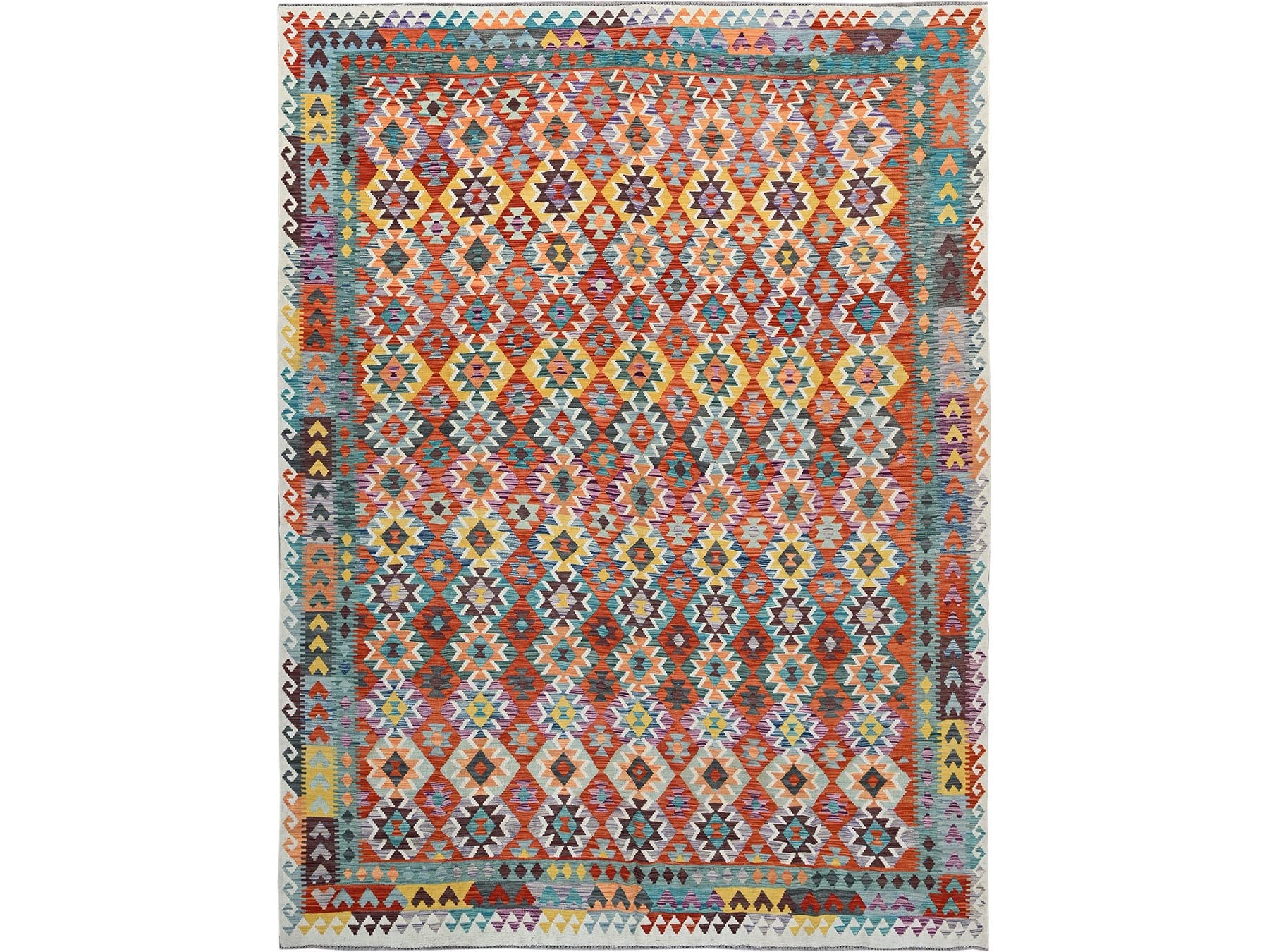 Multicolored 10'0" x 12'11" Flat Weave Hand woven Wool Rug - Sku: O01243