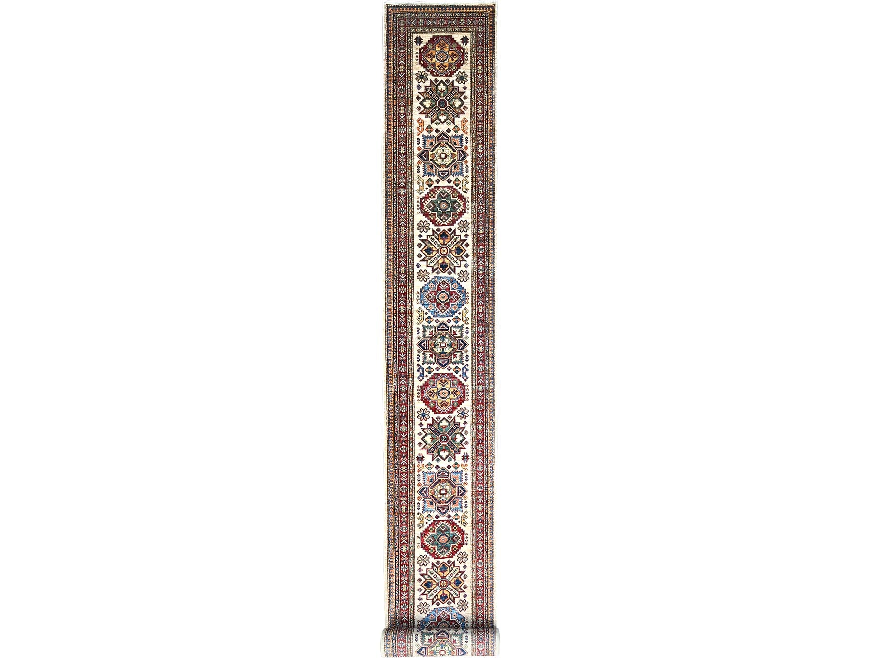 Kazak Tribal hand-knotted wool runner in Beige, 2'8" x 35'3", SKU O0125