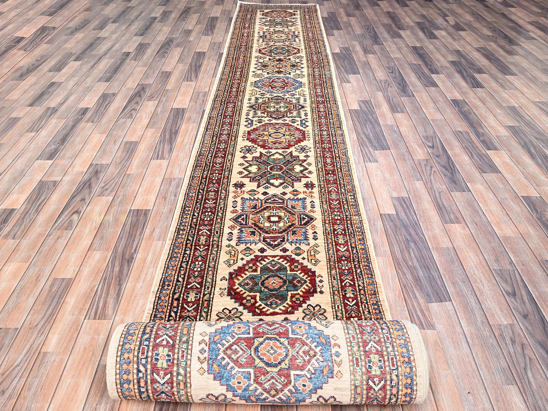 Kazak Tribal hand-knotted wool runner in Beige, 2'8" x 35'3", SKU O0125