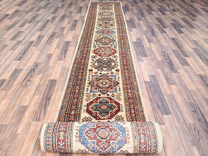 Kazak Tribal hand-knotted wool runner in Beige, 2'8" x 35'3", SKU O0125