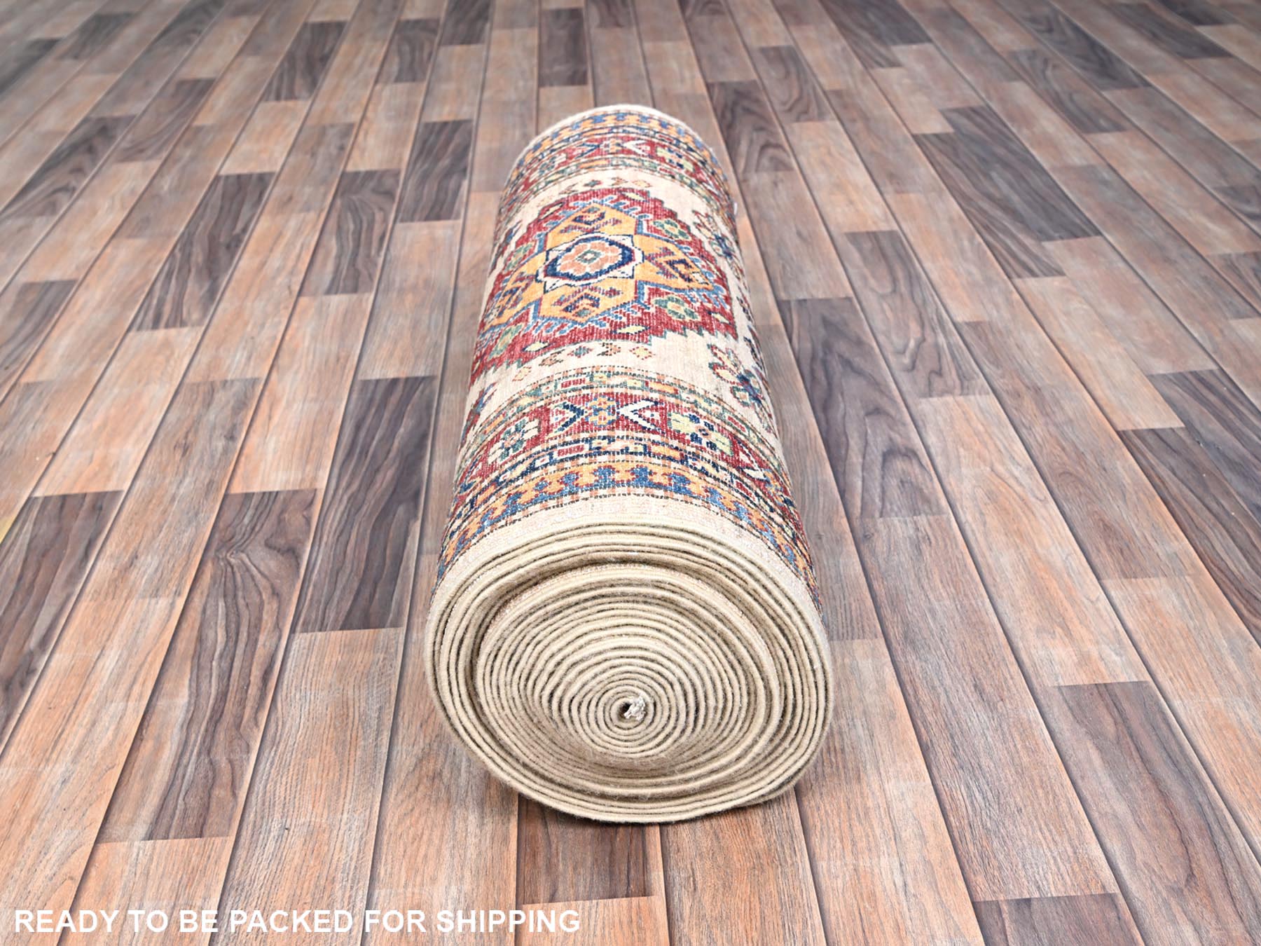 Kazak Tribal hand-knotted wool runner in Beige, 2'8" x 35'3", SKU O0125