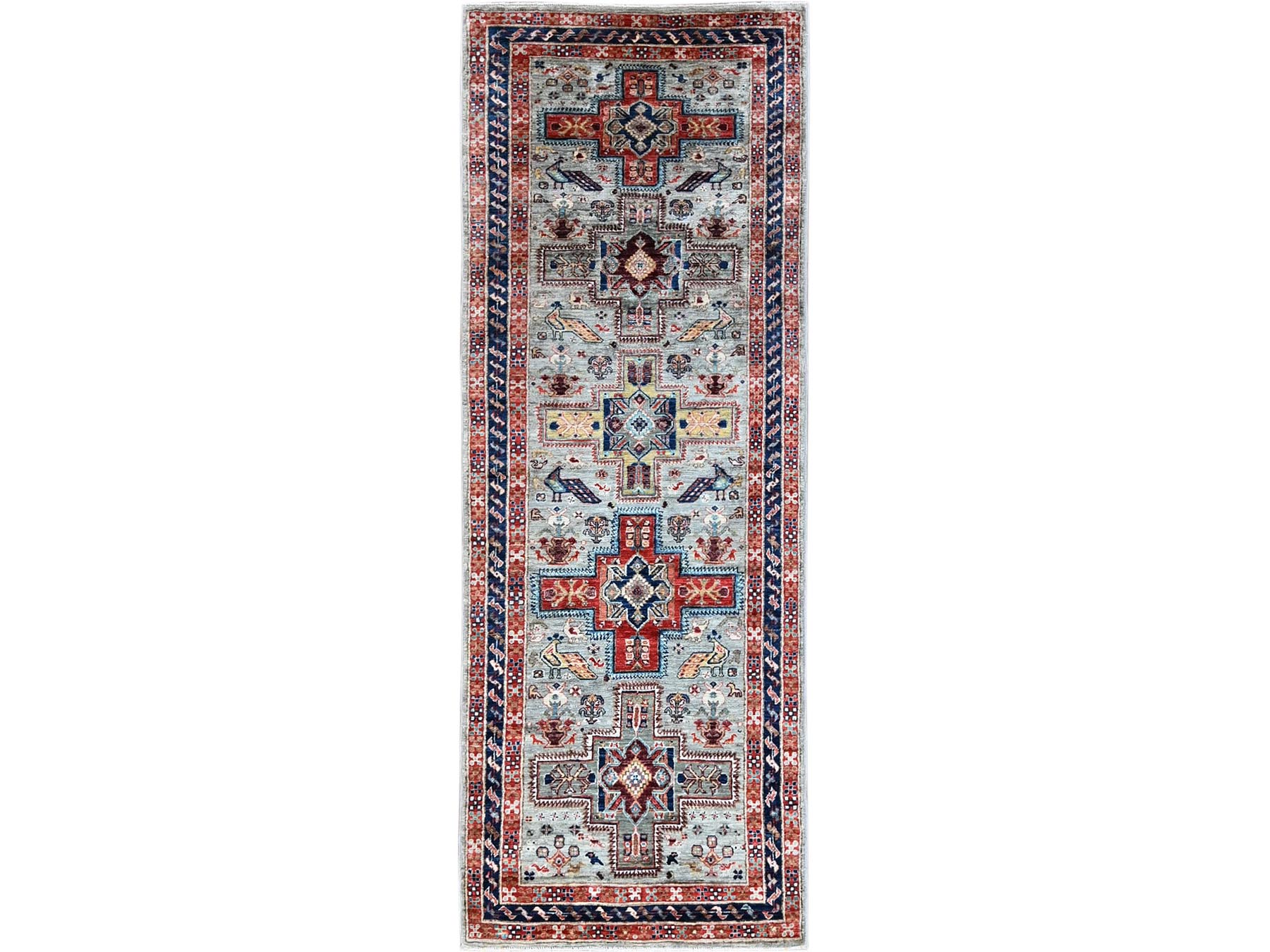Tribal & Geometric hand-knotted wool runner in Gray & Navy Blue, 2'8" x 7'5" — SKU O01342