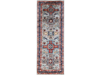 Tribal & Geometric hand-knotted wool runner in Gray & Navy Blue, 2'8" x 7'5" — SKU O01342