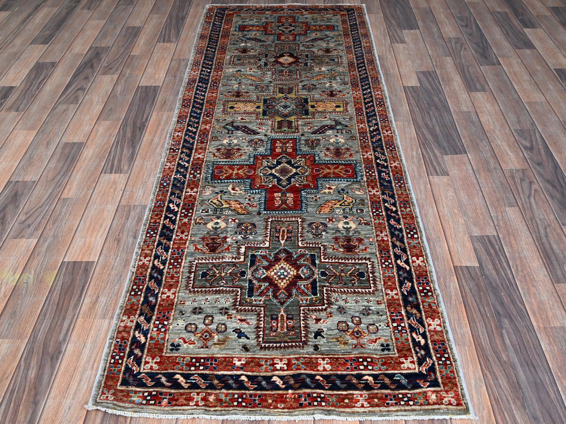Tribal & Geometric hand-knotted wool runner in Gray & Navy Blue, 2'8" x 7'5" — SKU O01342 (view 2)