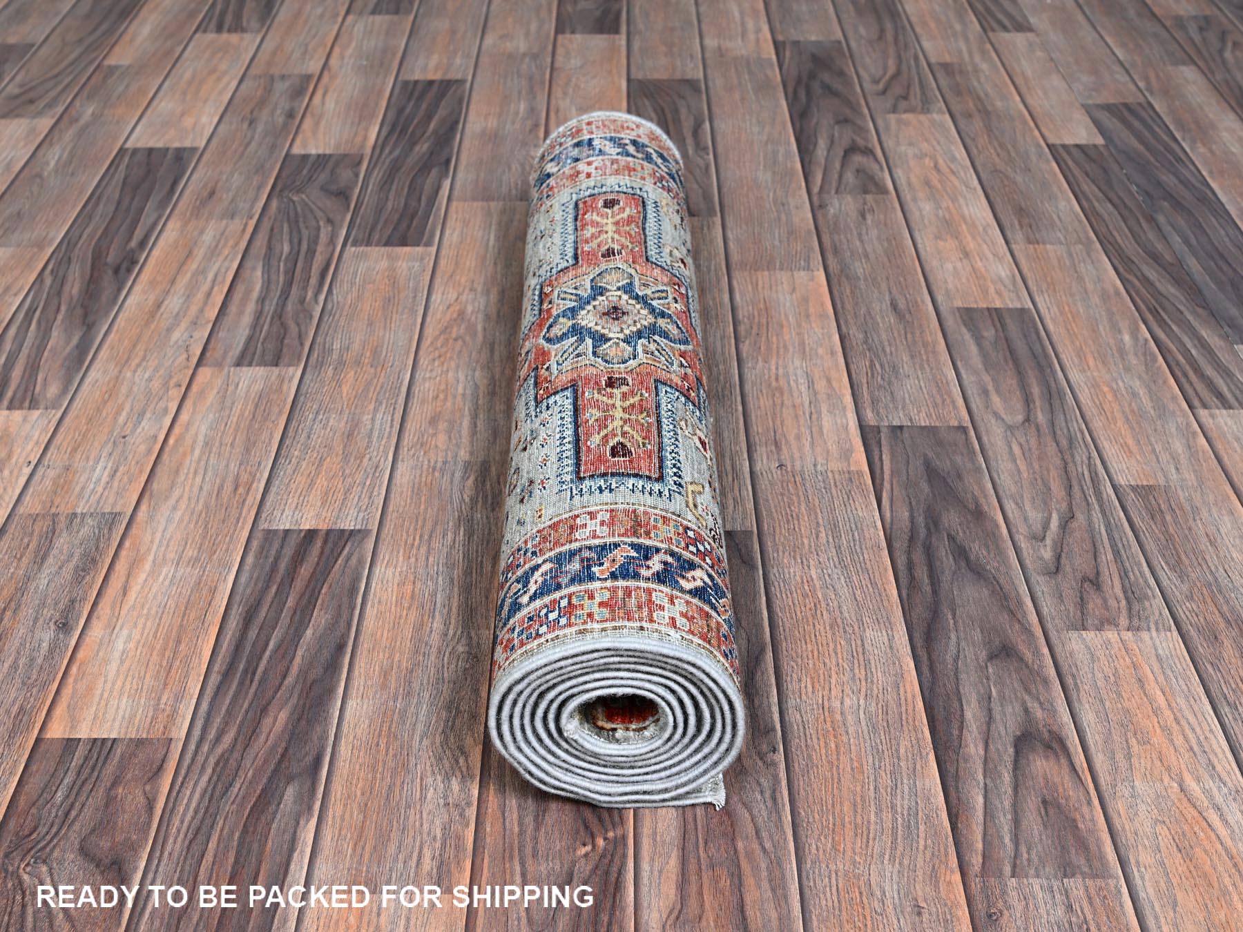 Tribal & Geometric hand-knotted wool runner in Gray & Navy Blue, 2'8" x 7'5" — SKU O01342 (view 5)
