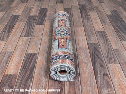 Tribal & Geometric hand-knotted wool runner in Gray & Navy Blue, 2'8" x 7'5" — SKU O01342 (view 5)