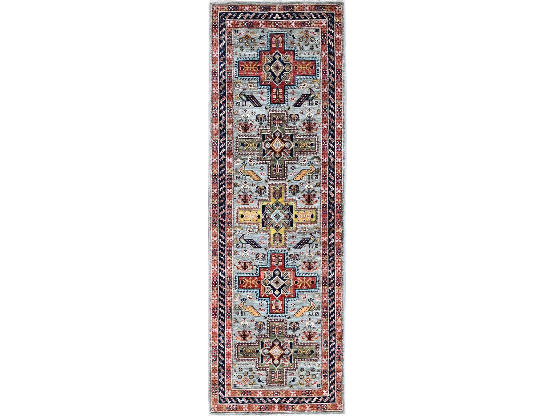 Grey 2'7" x 7'11" Tribal & Geometric Hand knotted Wool Rug - Sku: O01345