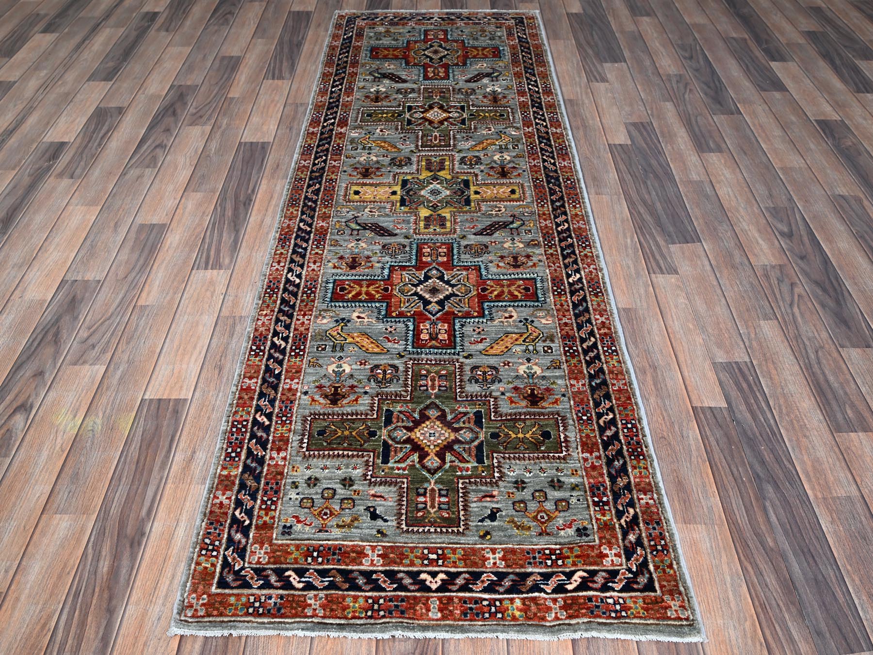 Grey 2'7" x 7'11" Tribal & Geometric Hand knotted Wool Rug - Sku: O01345