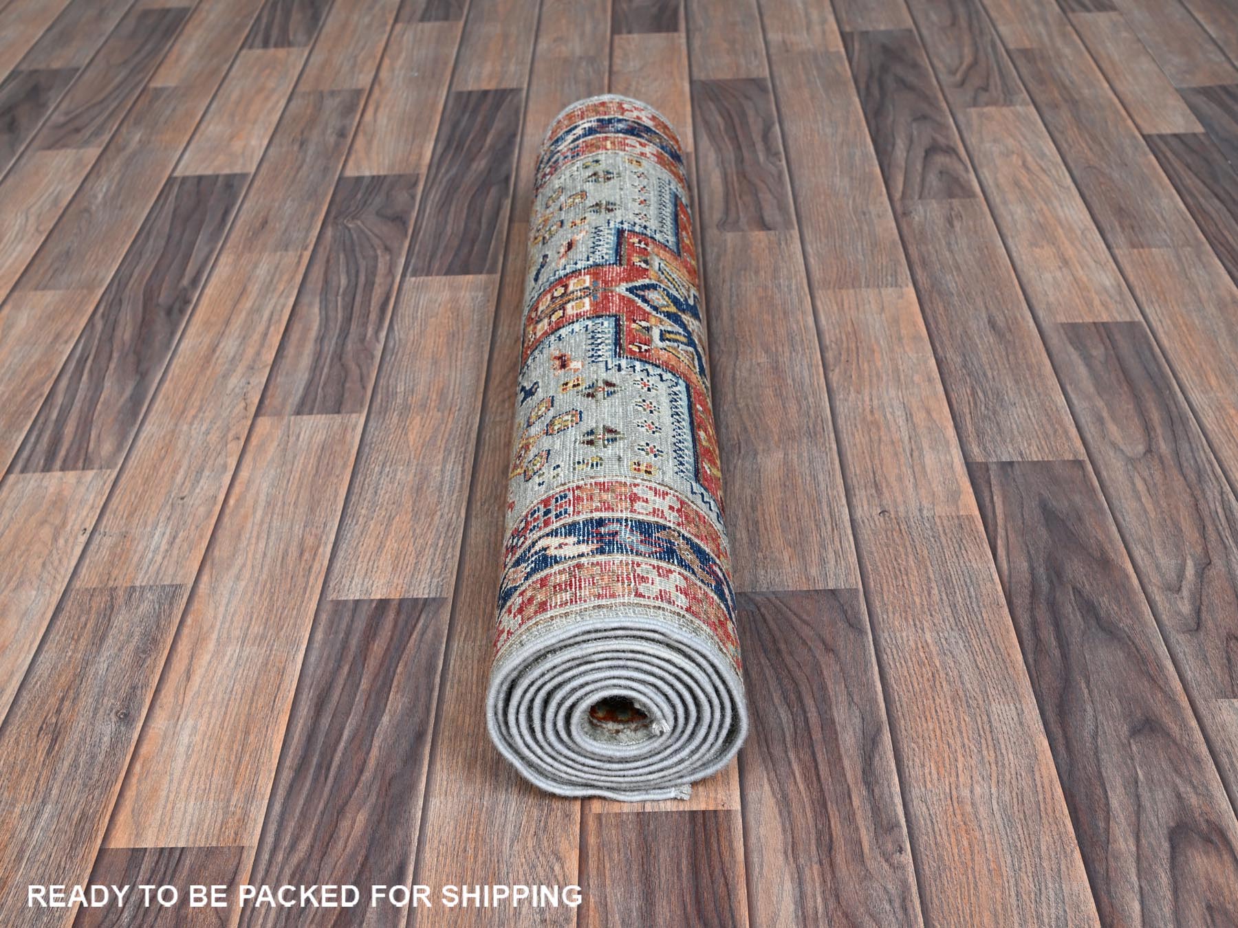 Tribal & Geometric hand-knotted wool runner in Gray & Navy Blue, 2'7" x 7'11" — SKU O01345 (view 5)