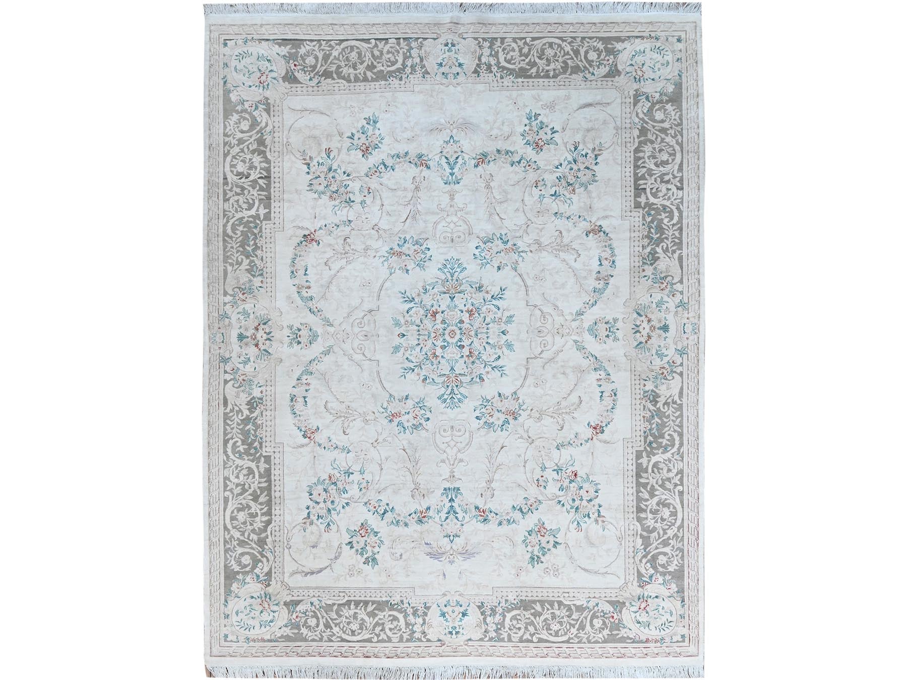 Aubusson Fine Oriental hand-knotted wool rug in Ivory & Gray, 9' x 11'9" — SKU O01370