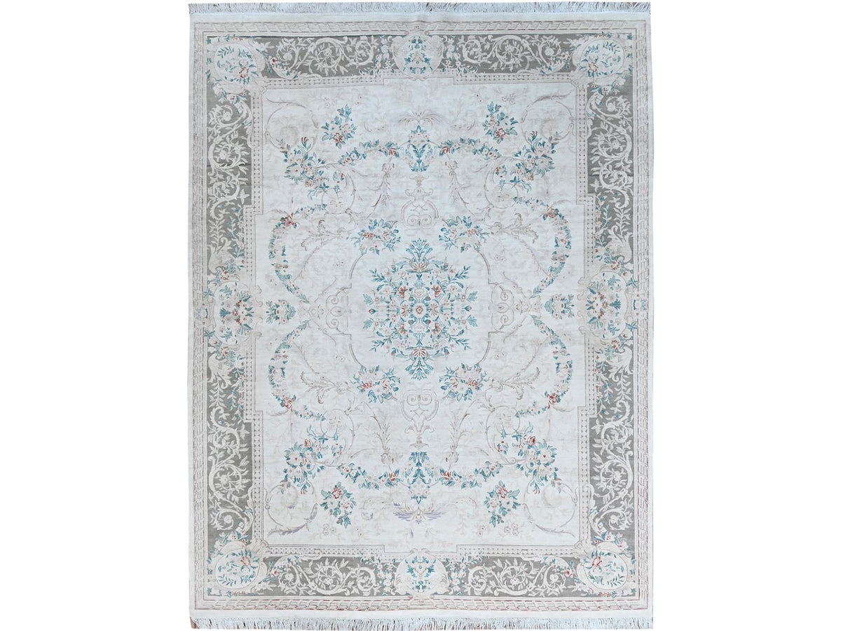 Aubusson Fine Oriental hand-knotted wool rug in Ivory & Gray, 9' x 11'9" — SKU O01370