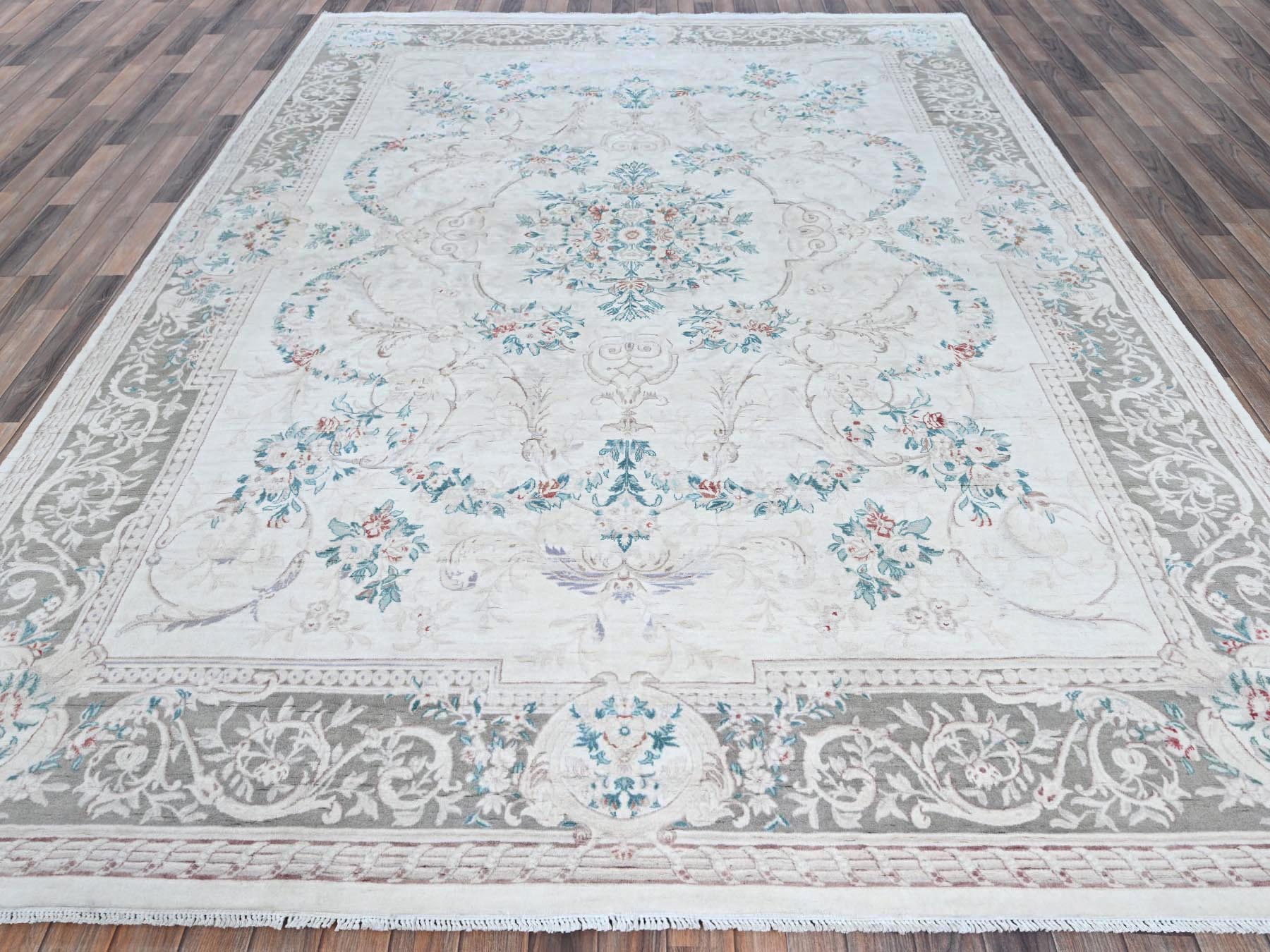 Aubusson Fine Oriental hand-knotted wool rug in Ivory & Gray, 9' x 11'9" — SKU O01370 (view 2)