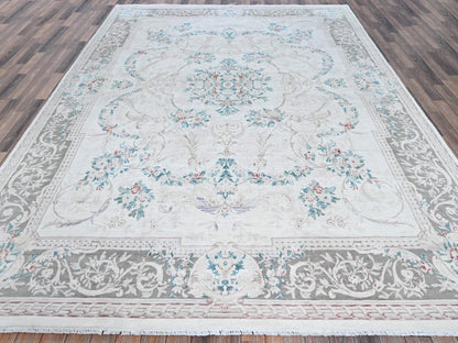 Aubusson Fine Oriental hand-knotted wool rug in Ivory & Gray, 9' x 11'9" — SKU O01370 (view 2)