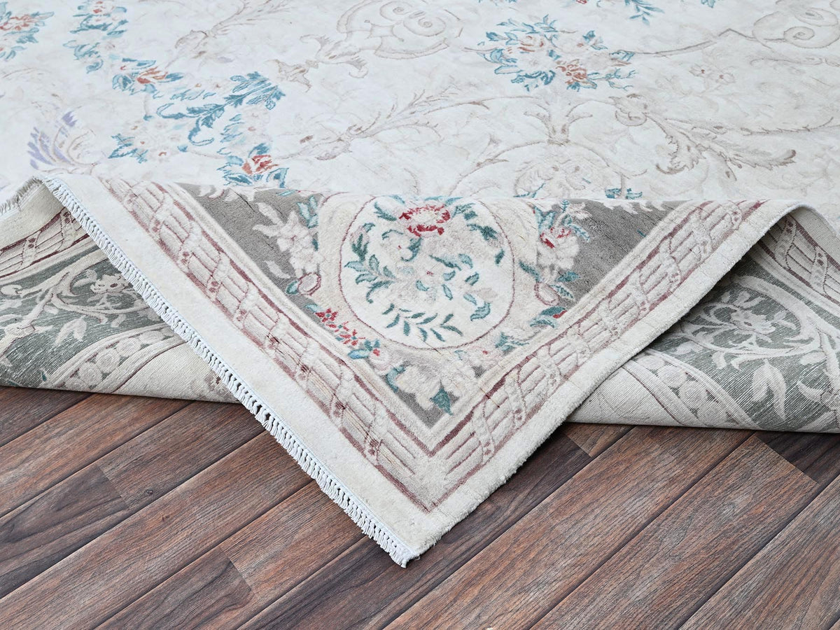 Aubusson Fine Oriental hand-knotted wool rug in Ivory & Gray, 9' x 11'9" — SKU O01370 (view 6)