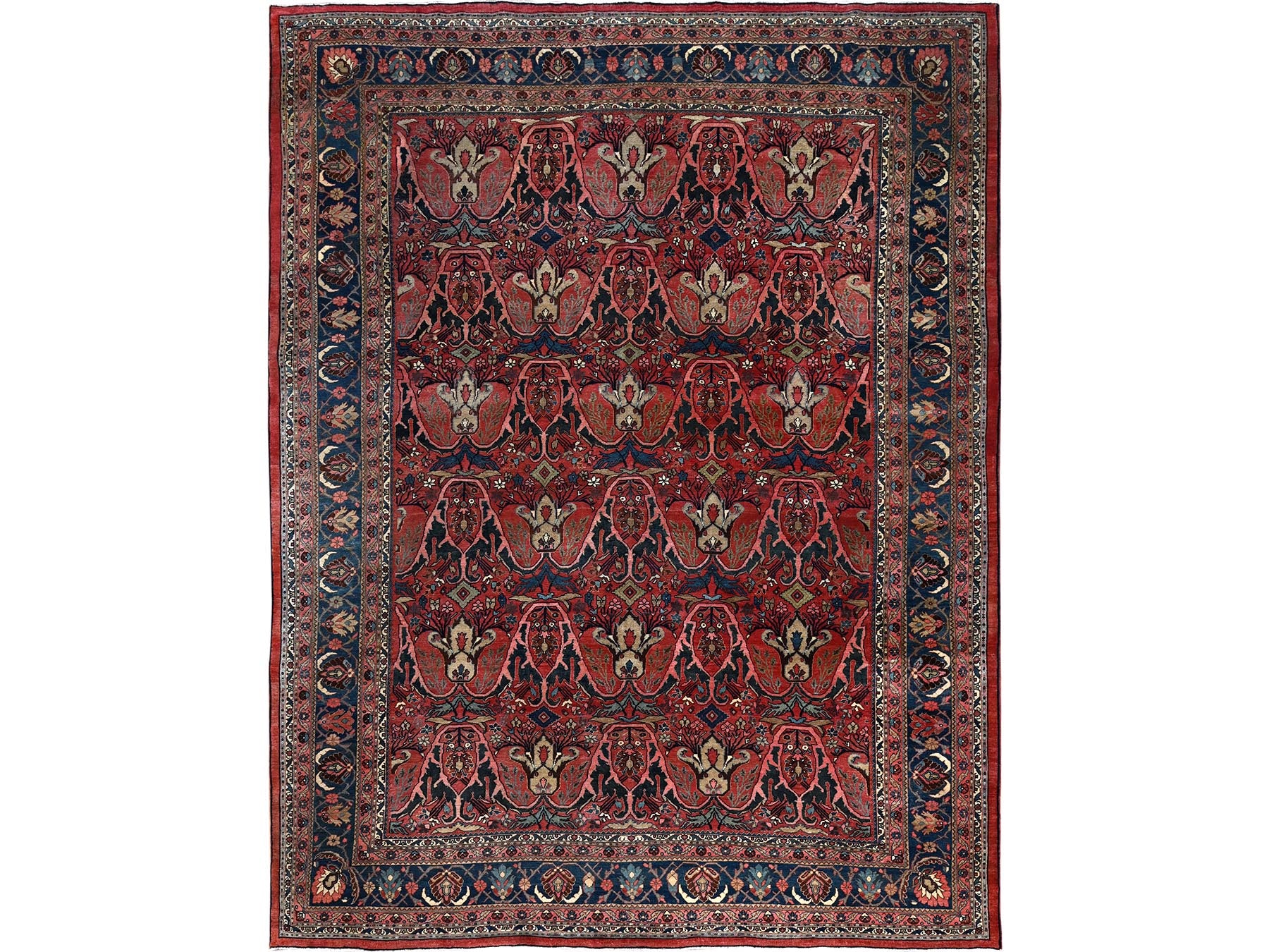 Antique hand-knotted wool rug in Red & Midnight Blue, 11'3" x 14'5" — SKU O01373