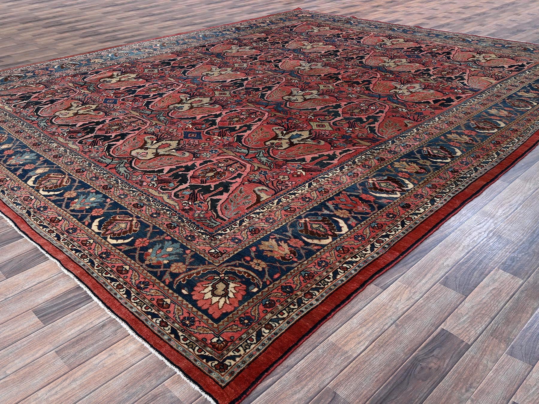 Antique hand-knotted wool rug in Red & Midnight Blue, 11'3" x 14'5" — SKU O01373 (view 3)