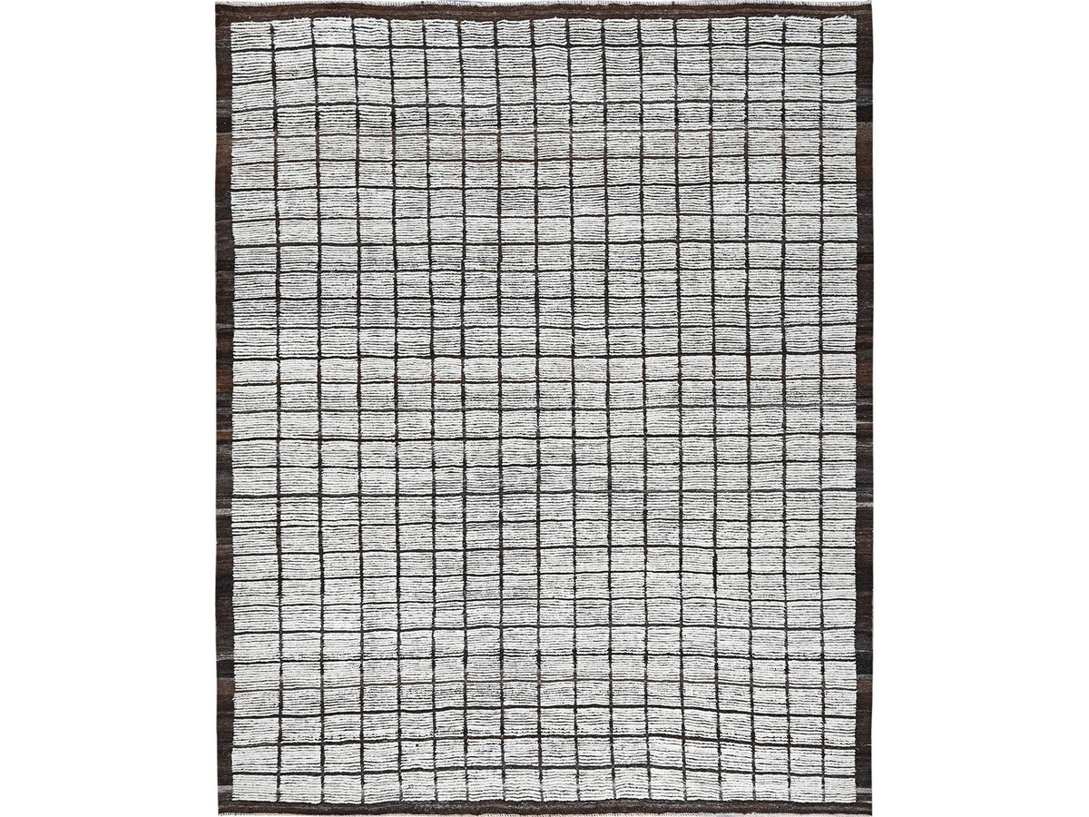 Tribal & Geometric hand-knotted wool rug in Ivory & Chocolate Brown, 9'7" x 11'8" — SKU O01376