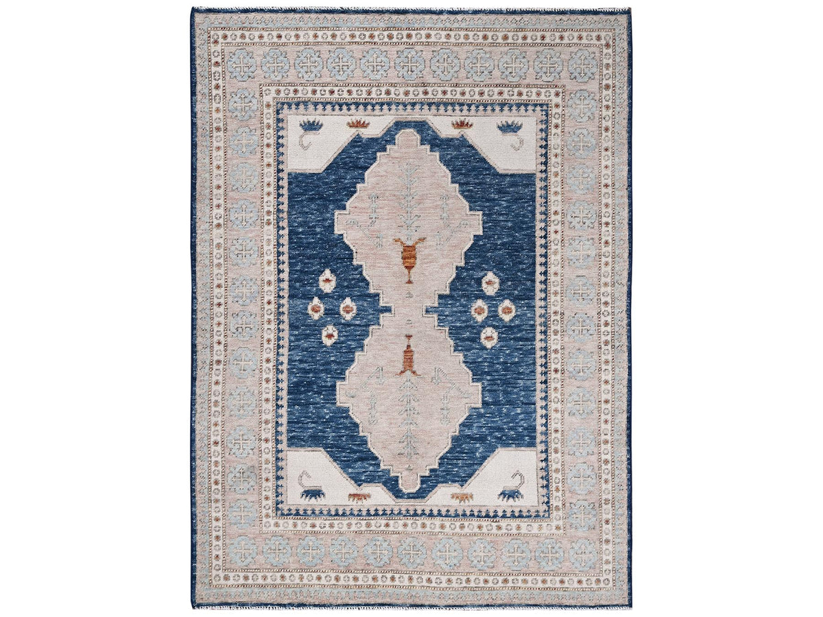 Oushak hand-knotted wool rug in Blue & Light Red, 4'11" x 6'10" — SKU O01416
