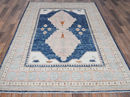 Blue 4'11" x 6'10" Oushak And Peshawar Hand knotted Wool Rug - Sku: O01416