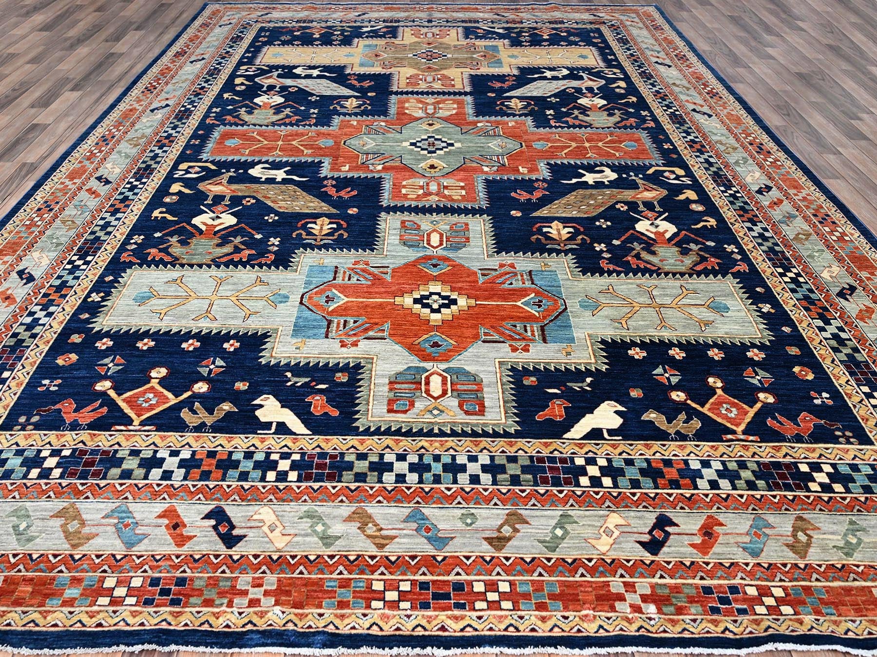 Tribal hand-knotted wool rug in Blue, 9'10" x 13'7", SKU O0144