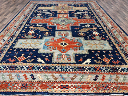 Tribal hand-knotted wool rug in Blue, 9'10" x 13'7", SKU O0144
