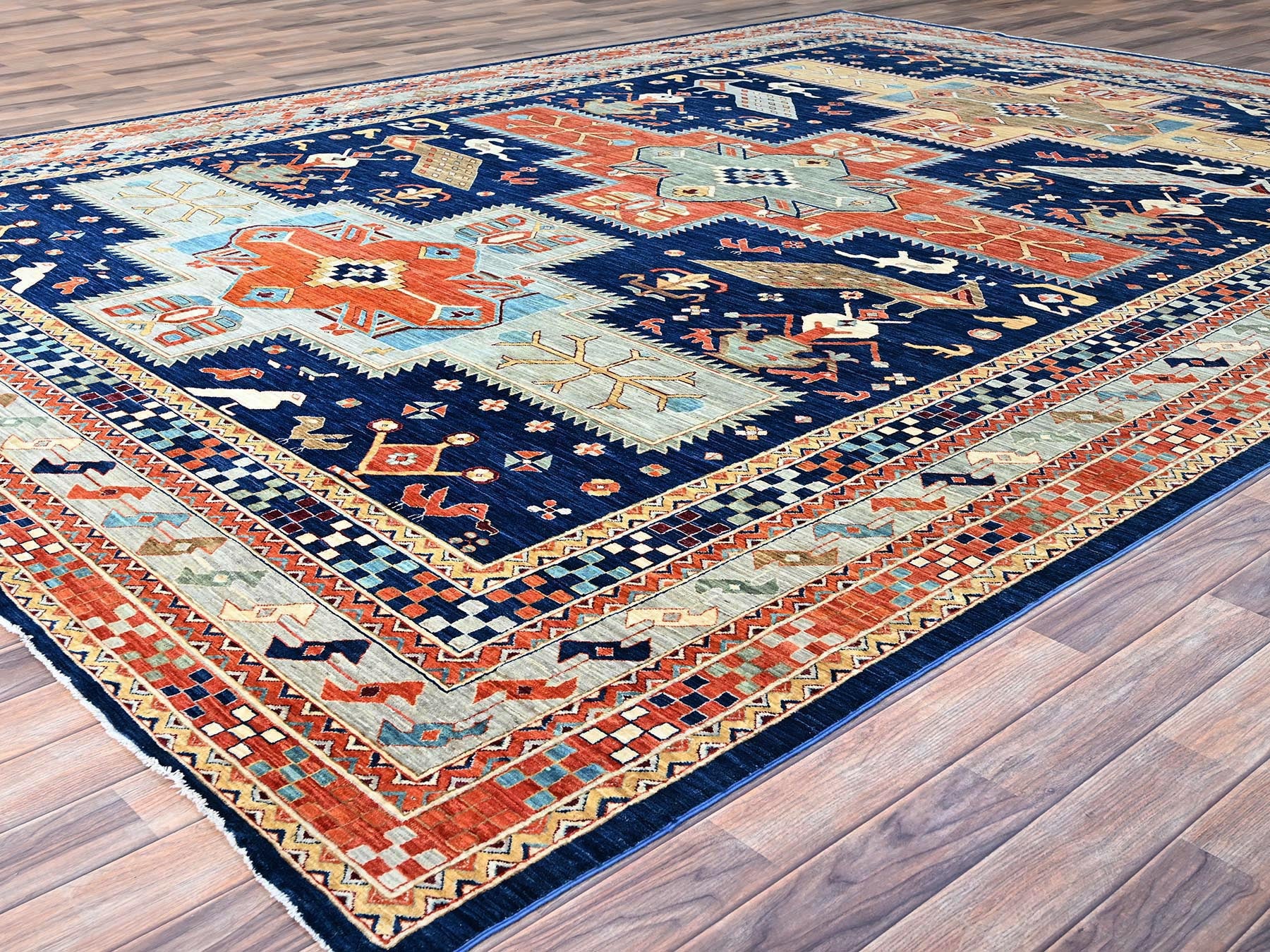 Tribal hand-knotted wool rug in Blue, 9'10" x 13'7", SKU O0144