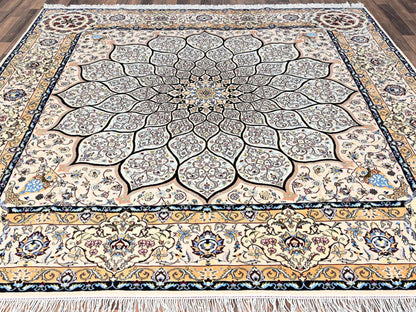 Nain Fine Oriental hand-knotted wool/silk rug in Ivory, 8'2" x 8'5" — SKU O01459 (view 2)