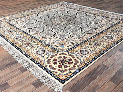 Nain Fine Oriental hand-knotted wool/silk rug in Ivory, 8'2" x 8'5" — SKU O01459 (view 3)