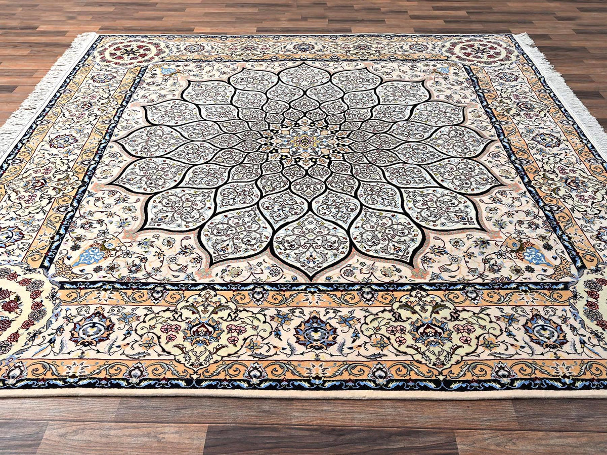 Nain Fine Oriental hand-knotted wool/silk rug in Ivory, 8'2" x 8'5" — SKU O01459 (view 4)