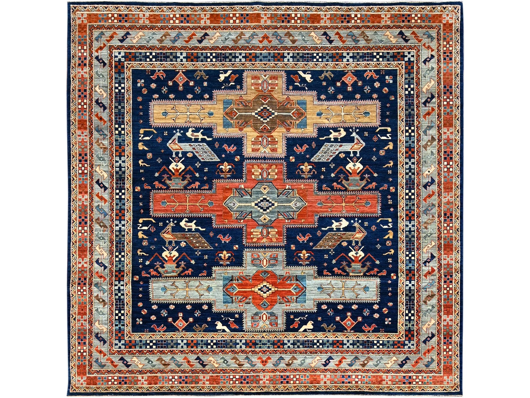 Tribal hand-knotted wool rug in Blue, 7'11" x 7'10", SKU O0145