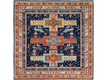 Tribal hand-knotted wool rug in Blue, 7'11" x 7'10", SKU O0145