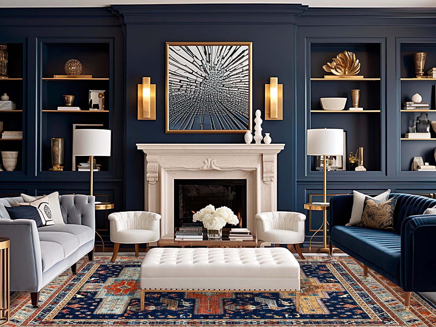 Tribal hand-knotted wool rug in Blue, 7'11" x 7'10", SKU O0145