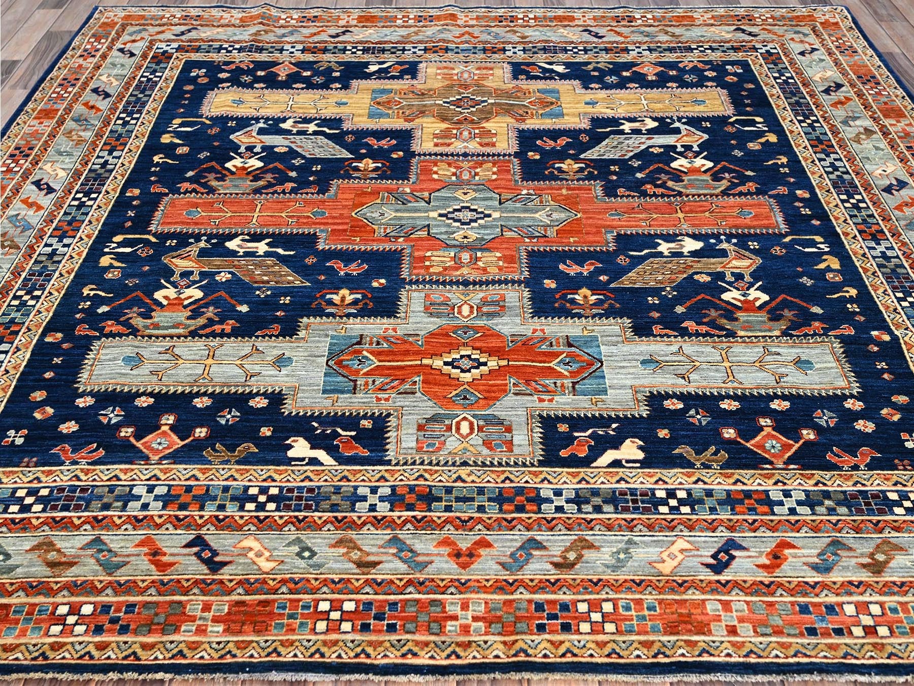 Tribal hand-knotted wool rug in Blue, 7'11" x 7'10", SKU O0145