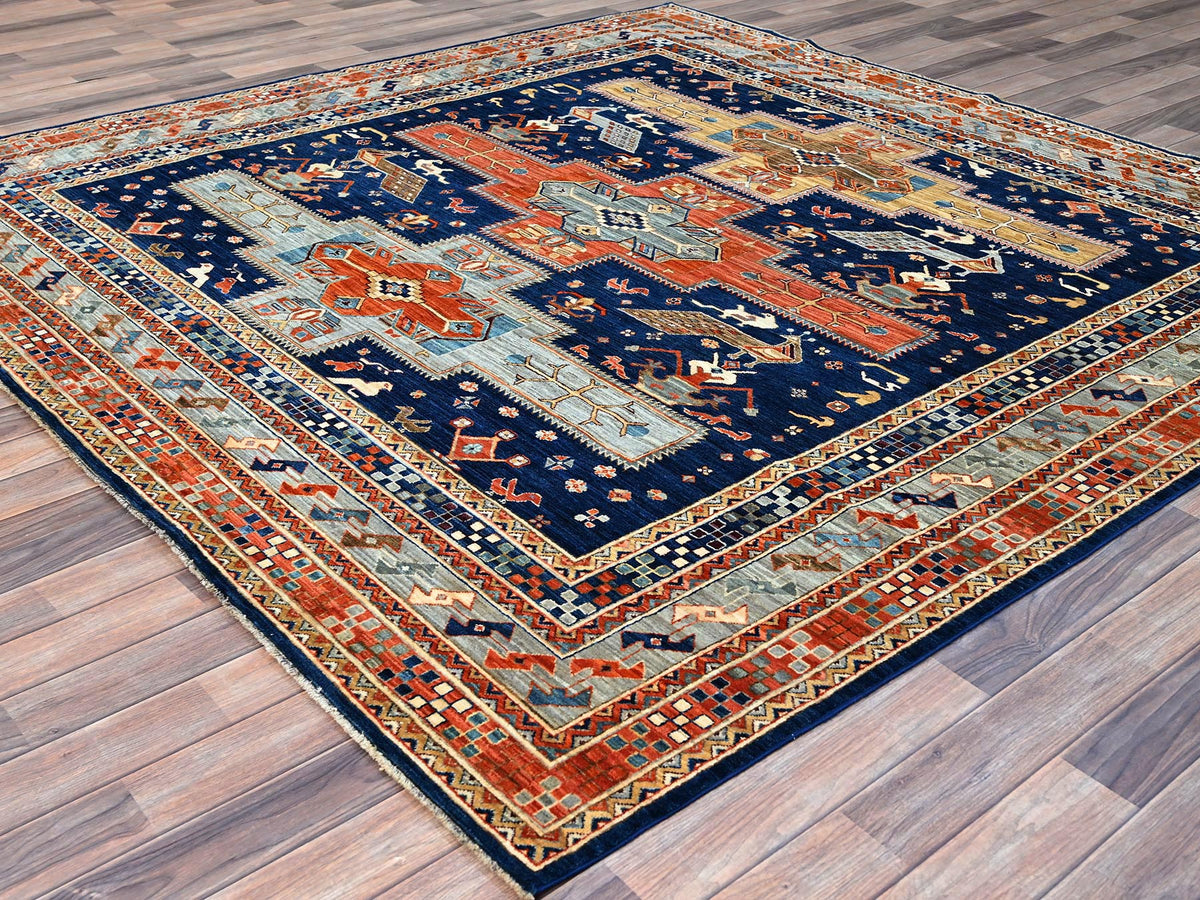 Tribal hand-knotted wool rug in Blue, 7'11" x 7'10", SKU O0145