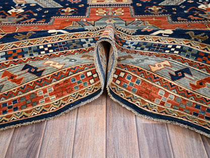 Tribal hand-knotted wool rug in Blue, 7'11" x 7'10", SKU O0145