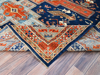 Tribal hand-knotted wool rug in Blue, 7'11" x 7'10", SKU O0145
