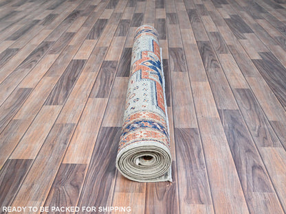 Grey 4'1" x 9'10" Tribal & Geometric Hand knotted Wool Rug - Sku: O0146
