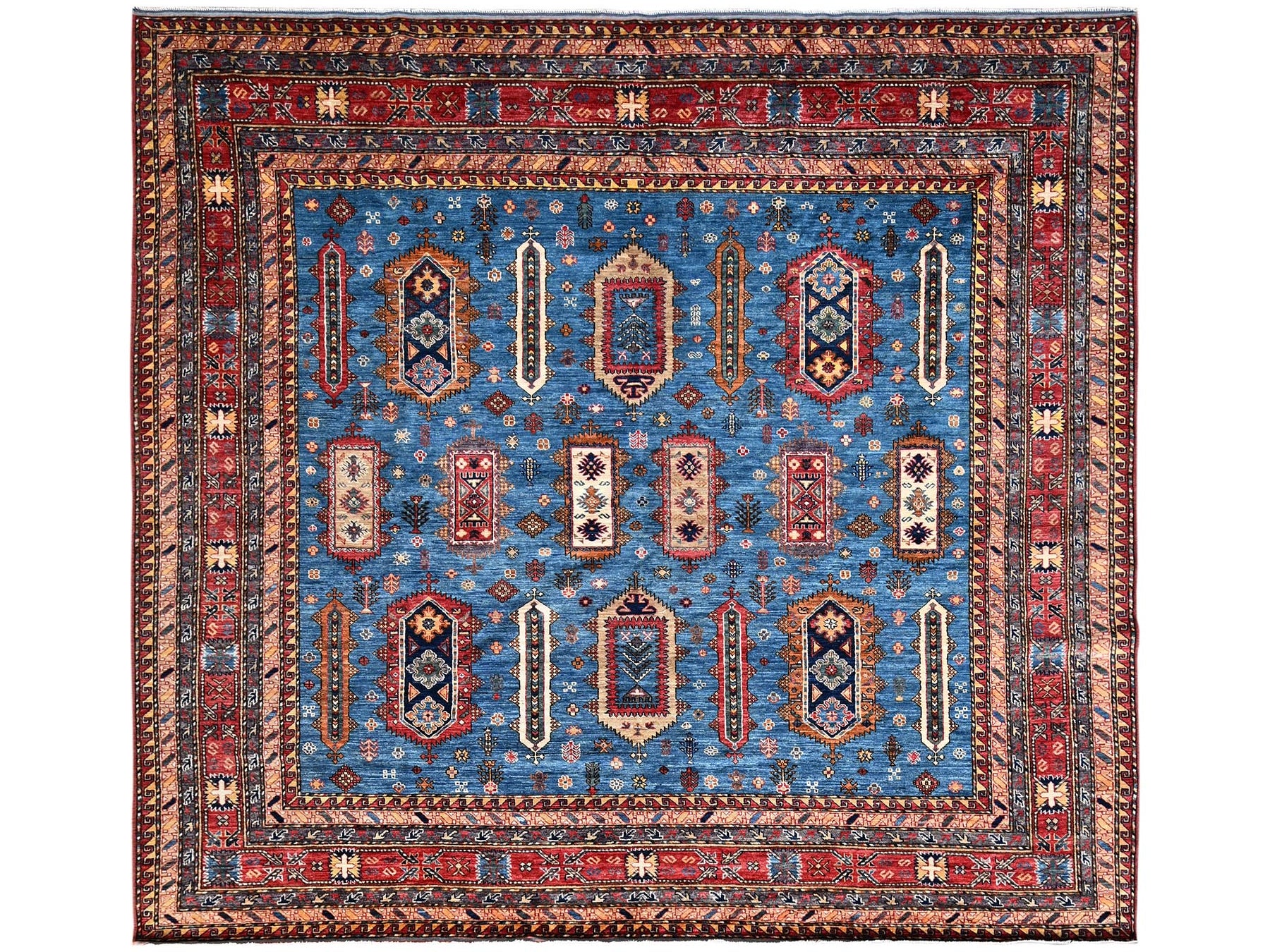 Ersari Kazak hand-knotted wool rug in Blue & Red, 9'6" x 10'2" — SKU O01475
