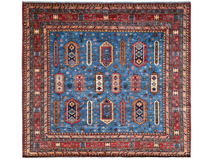 Ersari Kazak hand-knotted wool rug in Blue & Red, 9'6" x 10'2" — SKU O01475