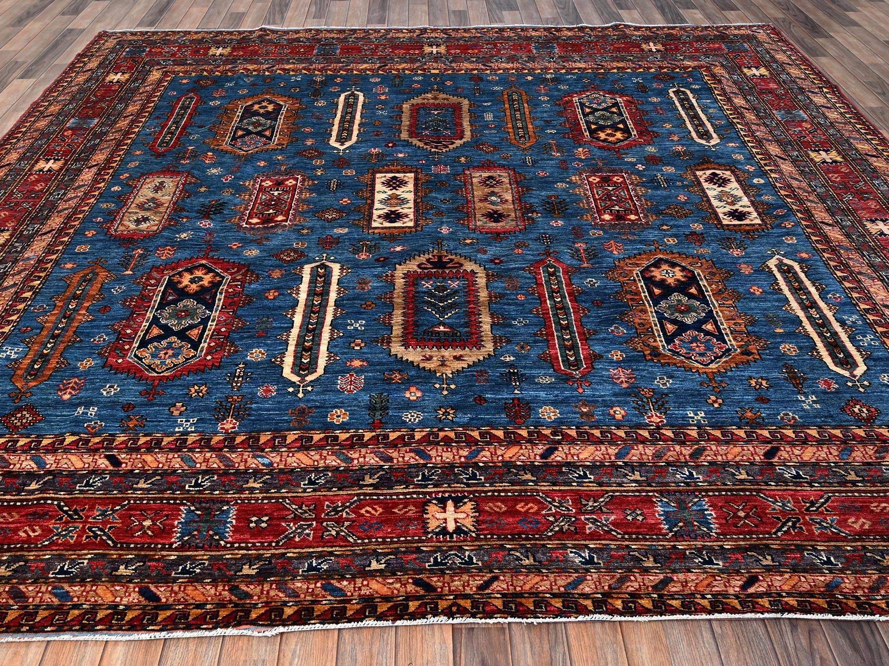 Ersari Kazak hand-knotted wool rug in Blue & Red, 9'6" x 10'2" — SKU O01475 (view 2)