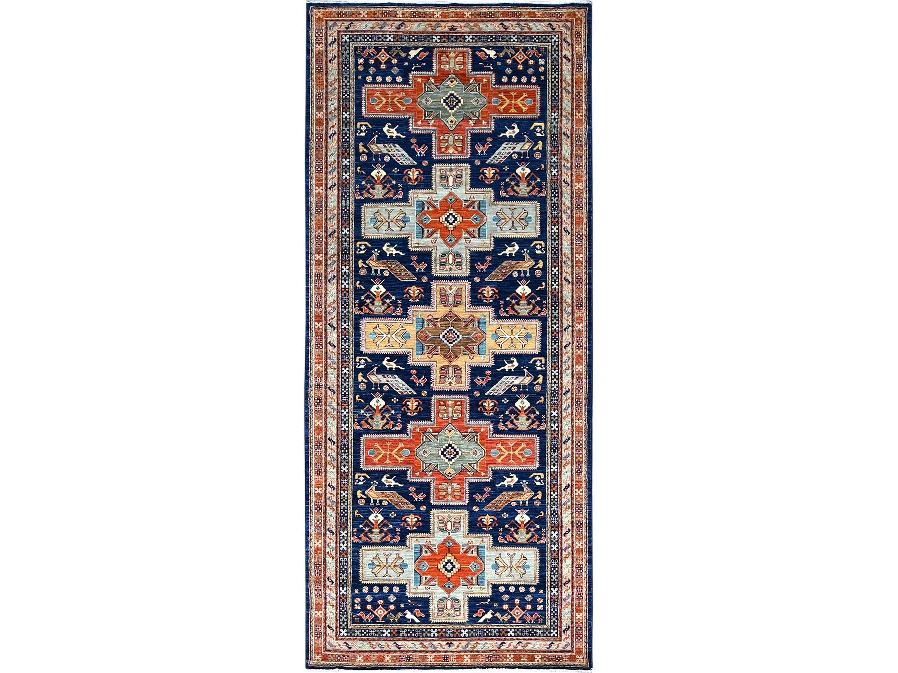 Blue 4'0" x 9'6" Tribal & Geometric Hand knotted Wool Rug - Sku: O0147