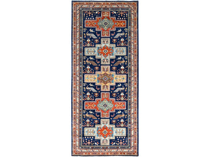 Blue 4'0" x 9'6" Tribal & Geometric Hand knotted Wool Rug - Sku: O0147