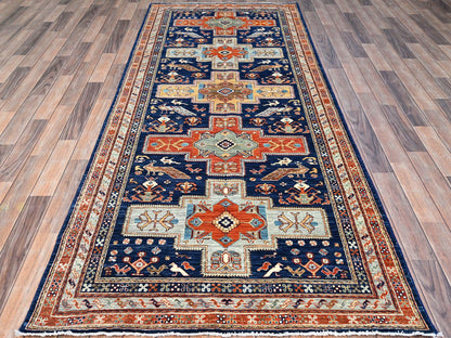 Blue 4'0" x 9'6" Tribal & Geometric Hand knotted Wool Rug - Sku: O0147