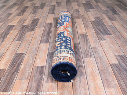 Blue 4'0" x 9'6" Tribal & Geometric Hand knotted Wool Rug - Sku: O0147