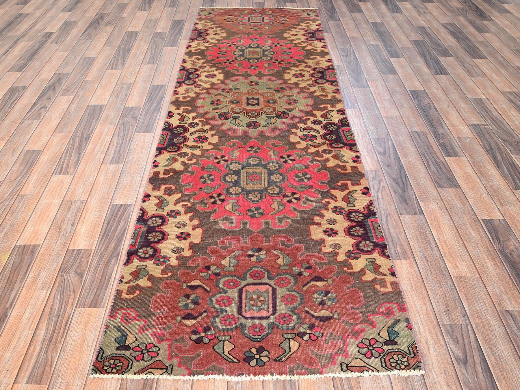 Brown 3'0" x 9'5" Vintage Hand knotted Wool Rug - Sku: O01528
